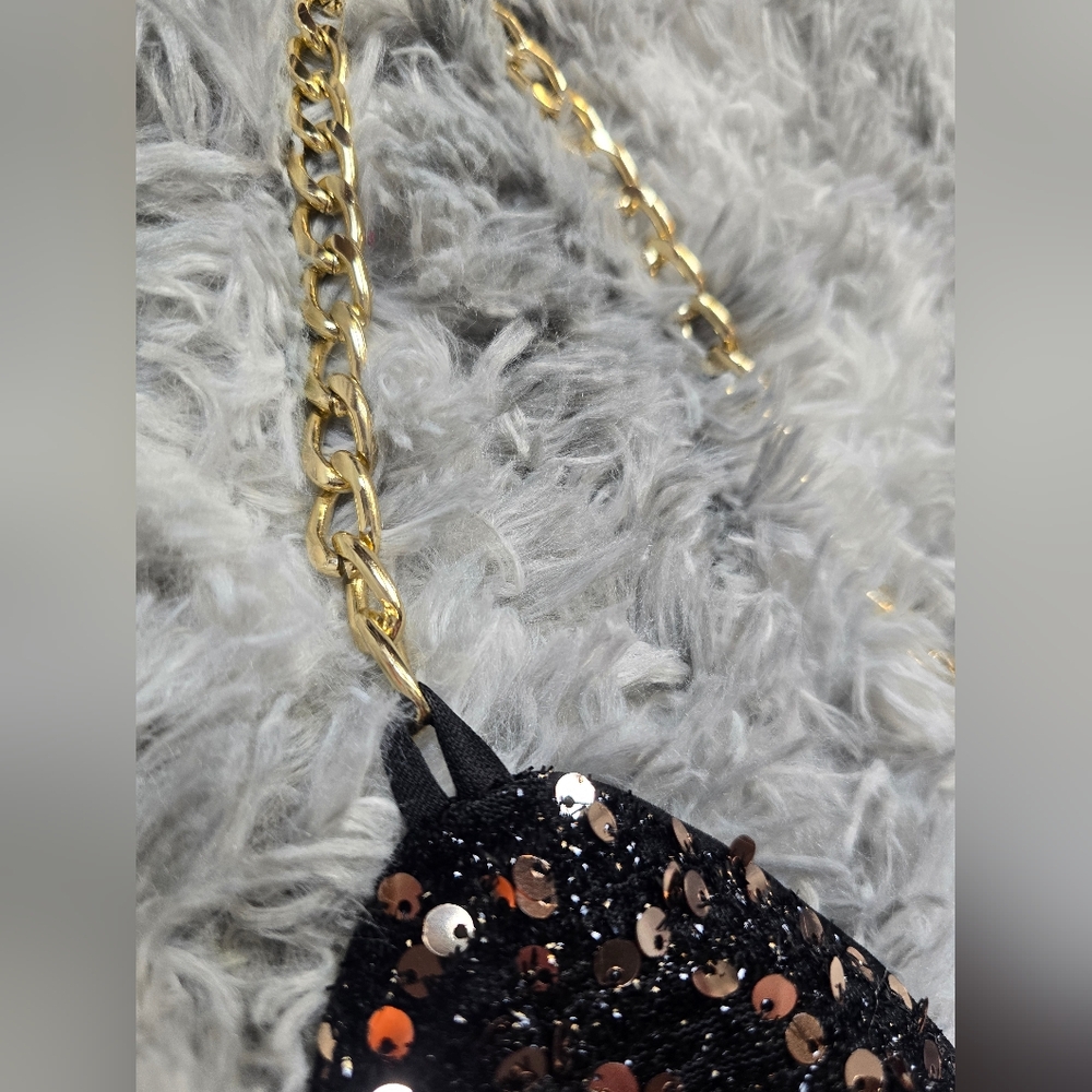 Double Crazy Black Sequin Mini Dress with Gold Straps Size Large - Picture 3 of 5